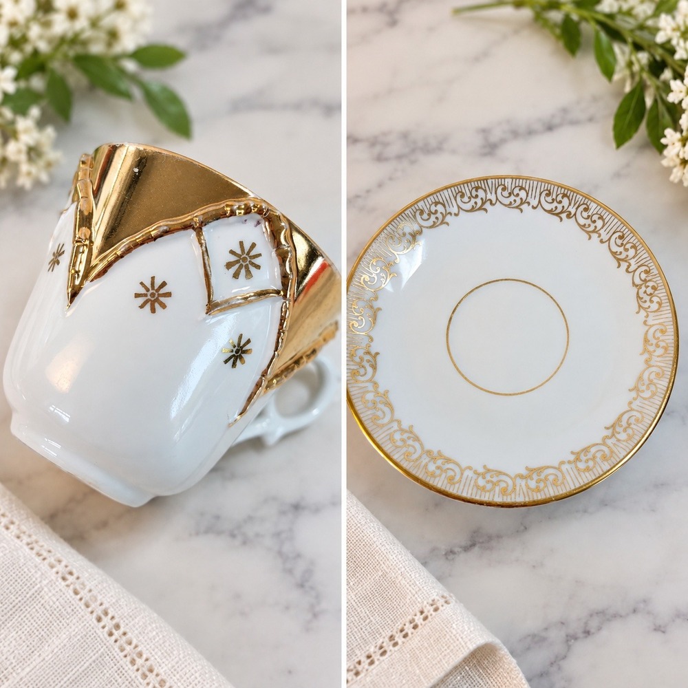 RW Bavaria Vintage Porcelain Teacup and Saucer Set White Gold Gilt Ornate 46 95